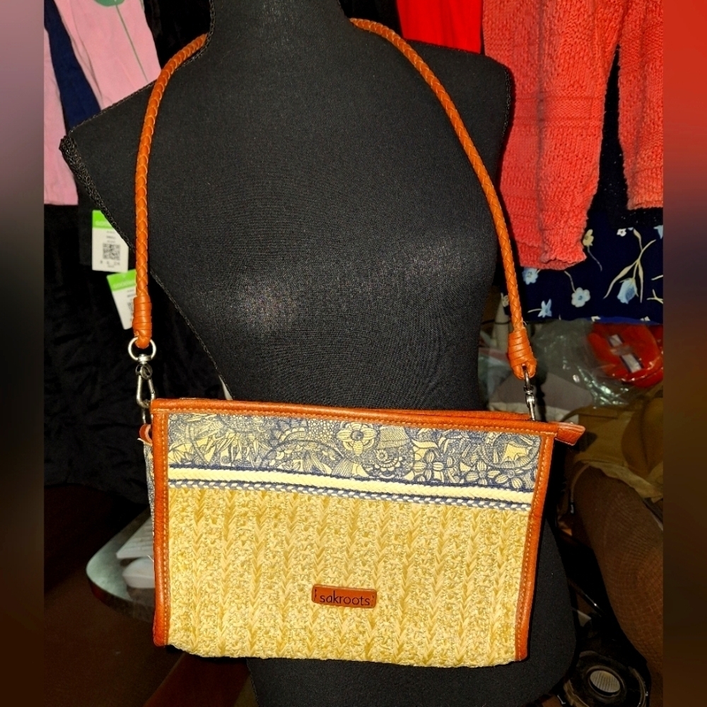 Sakroots Blue and Tan Woven Straw Crossbody Bag With Braided Leather Strap